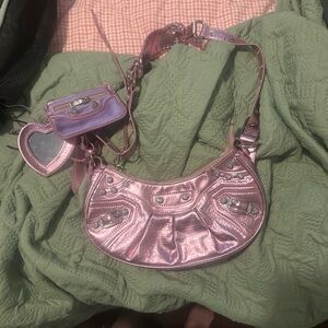 Metallic Pink Shoulder Bag with Heart Charm